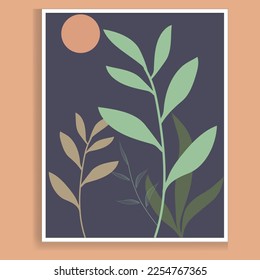 Botanical wall art vector. Earth-tone boho foliage line art drawing with abstract shapes. Abstract Plant Art design for print, cover, wallpaper, and Minimal and natural wall art.