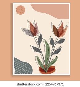 Botanical wall art vector. Earth-tone boho foliage line art drawing with abstract shapes. Abstract Plant Art design for print, cover, wallpaper, and Minimal and natural wall art.
