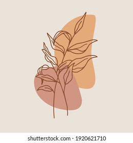 Botanical wall art vector. Floral and Foliage line art drawing with abstract shape. Abstract Plant Art design for print, cover, wallpaper, Minimal and natural wall art. Vector illustration.