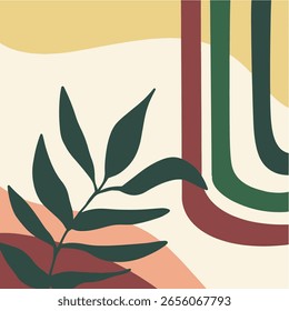 Botanische Wand Kunst Vektor. Foliage Linie Kunstzeichnung mit abstrakter Form. Blätter, organische Formen, Erdfarben, Blattzweig im Linienkunststil. Line Wanddekoration Kollektion Design für den Innenraum