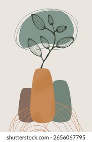 Vetor de arte de parede botânica. Desenho de arte em linha de folhagem com forma abstrata. Folhas, formas orgânicas, cores de tons de terra, ramo de folha em estilo de arte de linha. Projeto de coleção de decoração de parede de linha para o interior
