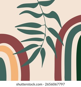 Botanische Wand Kunst Vektor. Foliage Linie Kunstzeichnung mit abstrakter Form. Blätter, organische Formen, Erdfarben, Blattzweig im Linienkunststil. Line Wanddekoration Kollektion Design für den Innenraum