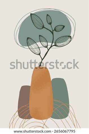 Botanical wall art vector. Foliage line art drawing with abstract shape. Leaves, organic shapes, earth tone colors, leaf branch in line art style. Line wall decoration collection design for interior