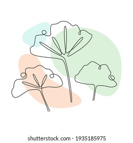 Botanical wall art vector with Ginkgo biloba. Continuous one line drawing with abstract pastel shape. Minimalistic and natural wall art. Vector illustration