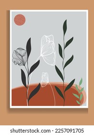 Botanical wall art vector. Hand draw template leaves and line art background for paper, Foliage line art drawing with abstract shape. Abstract Plant Art design for print, cover, wallpaper, Minimal