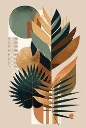 Botanical Wall Art Vector Illustration. Earth Tone Boho Foliage Line Art Drawing With Abstract Shape. Abstract Plant Art Design For Print, Cover, Wallpaper, Minimal And Natural Wall Art, Canvas	
