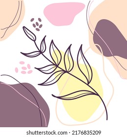 Botanical wall art vector illustration. Earth tone boho foliage line art drawing with abstract shapes. Abstract plant art design as print, wallpaper, cover, natural wall art.