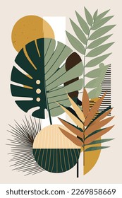 Botanical wall art vector illustration. Earth tone boho foliage line art drawing with abstract shape. Abstract Plant Art design for print, cover, wallpaper, Minimal and natural wall art, canvas	
