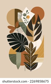 Botanical wall art vector illustration. Earth tone boho foliage line art drawing with abstract shape. Abstract Plant Art design for print, cover, wallpaper, Minimal and natural wall art, canvas	
