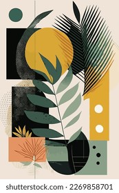 Botanical wall art vector illustration. Earth tone boho foliage line art drawing with abstract shape. Abstract Plant Art design for print, cover, wallpaper, Minimal and natural wall art, canvas	
