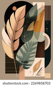 Botanical wall art vector illustration. Earth tone boho foliage line art drawing with abstract shape. Abstract Plant Art design for print, cover, wallpaper, Minimal and natural wall art, canvas	
