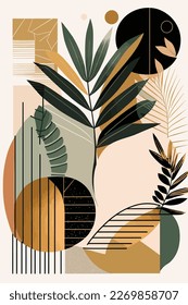 Botanical wall art vector illustration. Earth tone boho foliage line art drawing with abstract shape. Abstract Plant Art design for print, cover, wallpaper, Minimal and natural wall art, canvas	
