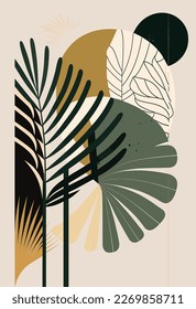 Botanical wall art vector illustration. Earth tone boho foliage line art drawing with abstract shape. Abstract Plant Art design for print, cover, wallpaper, Minimal and natural wall art, canvas	
