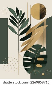 Botanical wall art vector illustration. Earth tone boho foliage line art drawing with abstract shape. Abstract Plant Art design for print, cover, wallpaper, Minimal and natural wall art, canvas	
