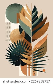 Ilustración vectorial de arte mural botánico. Tono de la Tierra dibujo de líneas de follaje boho con forma abstracta. Resumen Diseño de arte vegetal para impresión, cubierta, papel pintado, arte de pared mínimo y natural, lienzo	
