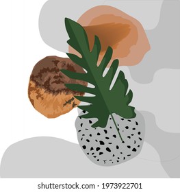 Botanical wall art vector. Minimal trendy art vector flat illustration, hand drawn painting brush texture decoration with floral . Abstract Plant Art design for print, cover, wallpaper and card.