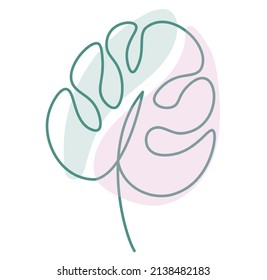 Vector de arte mural botánico con hojas de monstera. Follaje de palmeras en un dibujo de una línea con forma abstracta pastel. Ilustración aislada de vector minimalista y natural