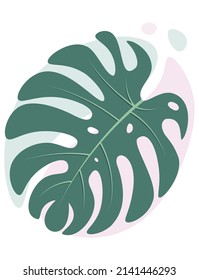 Vector de arte mural botánico con hojas de monstera. Imágenes prediseñadas del follaje de la palmera. Ilustración aislada de vector natural minimalista con manchas pastel.