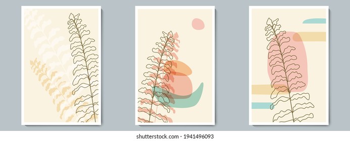 Botanical Wall Art Vector Outline Poster Set. Minimalist Foliage with Abstract Simple Shape.