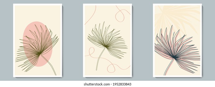 Juego de pósters de esquema del vector de arte de pared botánico. Foliage minimalista con forma simple abstracta y patrón de línea