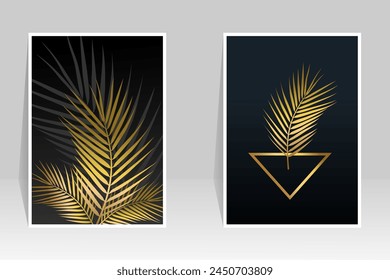 Botanical wall art vector. Palm leaf art image on dark background for prints, covers, wallpapers