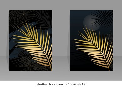 Botanical wall art vector. Palm leaf art image on dark background for prints, covers, wallpapers