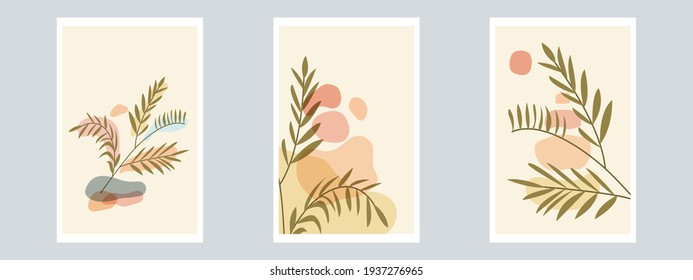 Botanical Wall Art Vector Poster Set. Minimalist Foliage with Abstract Simple Shape