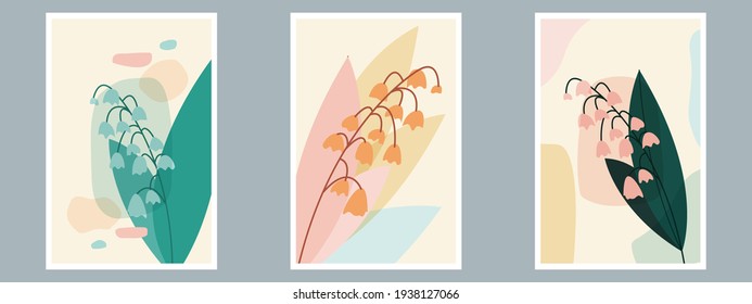 Botanical Wall Art Vector Poster Set. Minimalist Foliage with Abstract Simple Shape.