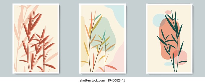 Botanical Wall Art Vector Poster Spring, Summer Set. Minimalist Foliage with Abstract Simple Shape