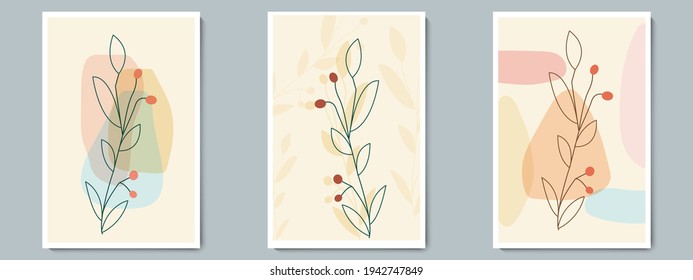 Botanical wall art Vector Poster Set. Minimalist Outline foliage with Abstract Simple Shape. Ideal Natural background for Social media, wallpaper, wall decoration, postcard, brochure, cover design.
