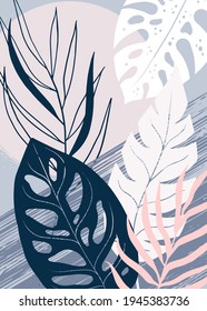 Botanical wall art vector poster. Artistic drawing of tropical leaves with abstract shapes. Plant art design for print, cover, wallpaper, postcards, invitations, minimalist and natural wall art. Vecto