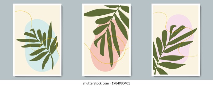 Botanische Wand Art Vektor Poster Frühling, Sommerset. Minimalistische Bush mit abstrakter einfacher Form und Goldlinie
