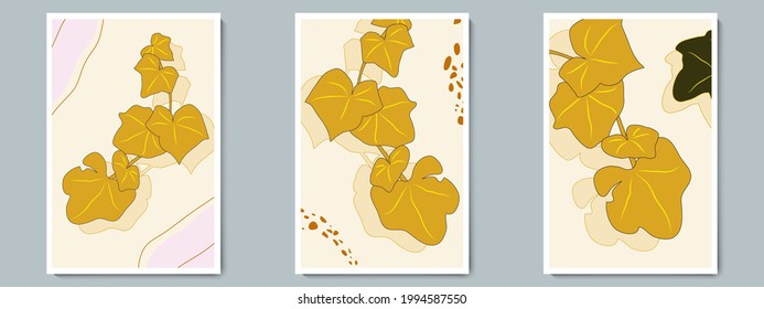 Botanical Wall Art Vector Poster Set. Minimalist Gold, Green Branch with Shadow, Leaves, Simple Shapes and Lines