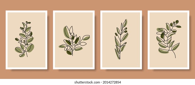 Botanical wall art vector print set. Floral and Foliage line art drawing with abstract shape. Abstract Plant Art design for print, cover, wallpaper, Minimal and natural wall art. Vector illustration