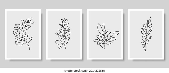 Conjunto de impresión vectorial de arte mural botánico. Dibujo de líneas florales y follaje con forma abstracta. Resumen Diseño de arte vegetal para impresión, cubierta, papel tapiz, arte de pared mínimo y natural. Ilustración vectorial