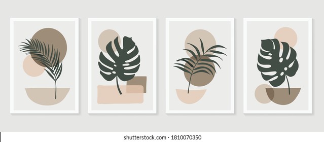 Botanical wall art vector set. Tropical Foliage line art drawing with  abstract shape.  Abstract Plant Art design for print, cover, wallpaper, Minimal and  natural wall art. Vector illustration.
