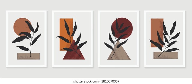 Botanical wall art vector set. Foliage line art drawing with  abstract shape.  Abstract Plant Art design for print, cover, wallpaper, Minimal and  natural wall art. Vector illustration.