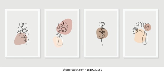 Botanical wall art vector set. Floral and Foliage line art drawing with  abstract shape.  Abstract Plant Art design for print, cover, wallpaper, Minimal and  natural wall art. Vector illustration.