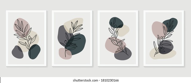 Botanical wall art vector set. Floral and Foliage line art drawing with  abstract shape.  Abstract Plant Art design for print, cover, wallpaper, Minimal and  natural wall art. Vector illustration.