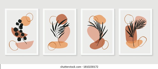 Botanical wall art vector set. Floral and Foliage line art drawing with  abstract shape.  Abstract Plant Art design for print, cover, wallpaper, Minimal and  natural wall art. Vector illustration.