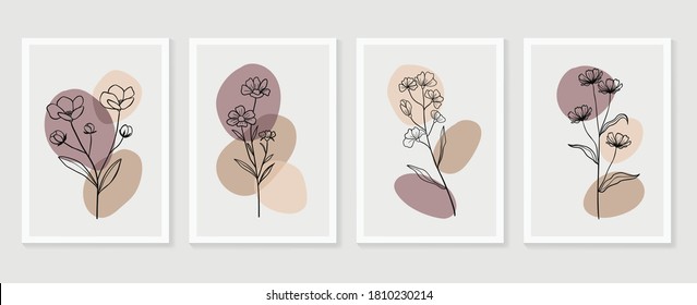 Botanical wall art vector set. Floral and Foliage line art drawing with  abstract shape.  Abstract Plant Art design for print, cover, wallpaper, Minimal and  natural wall art. Vector illustration.