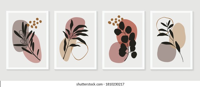 Botanical wall art vector set. Floral and Foliage line art drawing with  abstract shape.  Abstract Plant Art design for print, cover, wallpaper, Minimal and  natural wall art. Vector illustration.