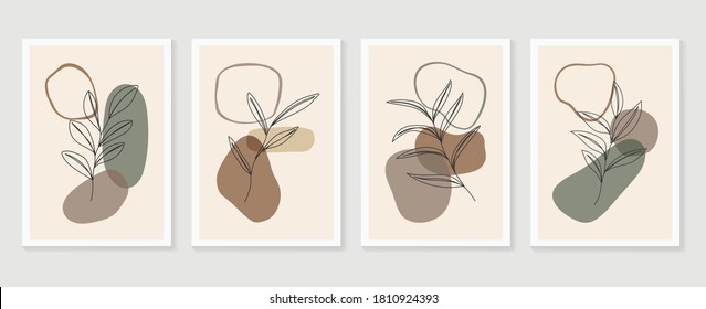 Botanical wall art vector set. Foliage line art drawing with  abstract shape.  Abstract Plant Art design for print, cover, wallpaper, Minimal and  natural wall art. Vector illustration.