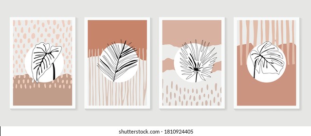 Botanical wall art vector set. Floral and Foliage line art drawing with  abstract shape.  Abstract Plant Art design for print, cover, wallpaper, Minimal and  natural wall art. Vector illustration.