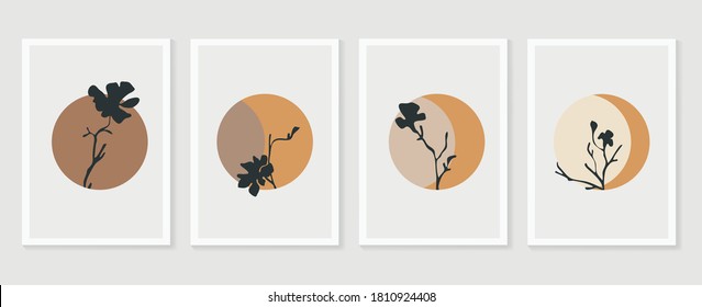 Botanical wall art vector set. Foliage line art drawing with  abstract shape.  Abstract Plant Art design for print, cover, wallpaper, Minimal and  natural wall art. Vector illustration.