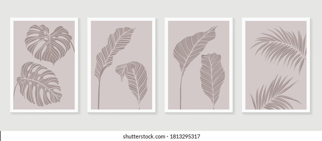 Botanical wall art vector set. Foliage line art drawing with  abstract shape.  Abstract Plant Art design for print, cover, wallpaper, Minimal and  natural wall art. Vector illustration.