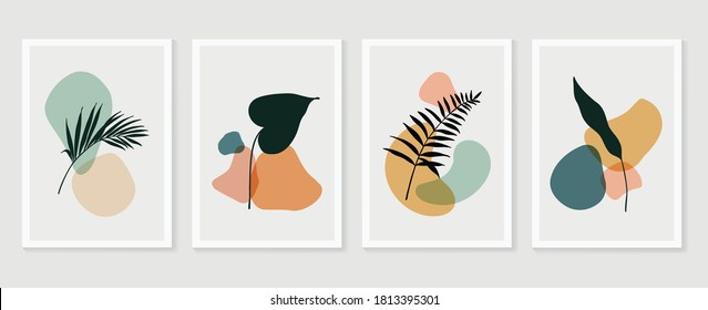 Set vector de artă botanică de perete. Desen artistic linie frunziș cu formă abstractă. Design abstract Plant Art pentru imprimare, coperta, tapet, Minimal si arta naturala de perete. Ilustrare vectorială.