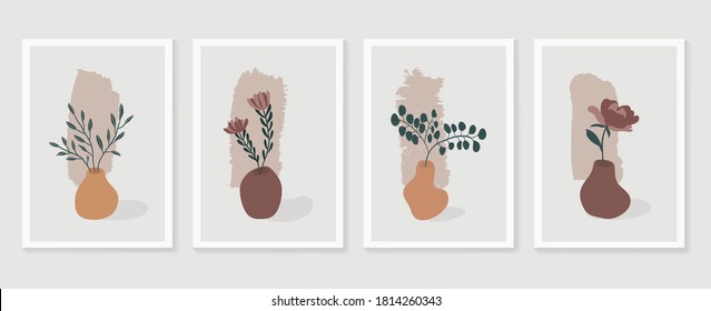 Botanical wall art vector set. Foliage line art drawing with  abstract shape.  Abstract Plant Art design for print, cover, wallpaper, Minimal and  natural wall art. Vector illustration.