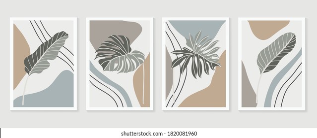 Botanical wall art vector set. Foliage line art drawing with abstract shape.  Abstract Plant Art design for print, cover, wallpaper, Minimal and  natural wall art. Vector illustration.