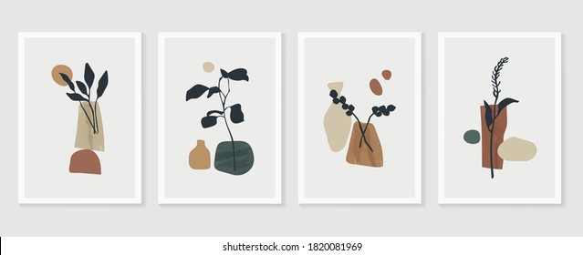 Botanical wall art vector set. Tropical leaf Foliage line art drawing with abstract shape.  Abstract Plant Art design for print, cover, wallpaper, Minimal and  natural wall art. 